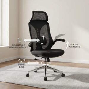 An Ergonomic Chair Flip Armrests featuring a high-back black mesh design, integrated headrest, adjustable lumbar support mechanism, retractable flip-up armrests, cushioned fabric seat, and a polished chrome five-star swivel base with casters.