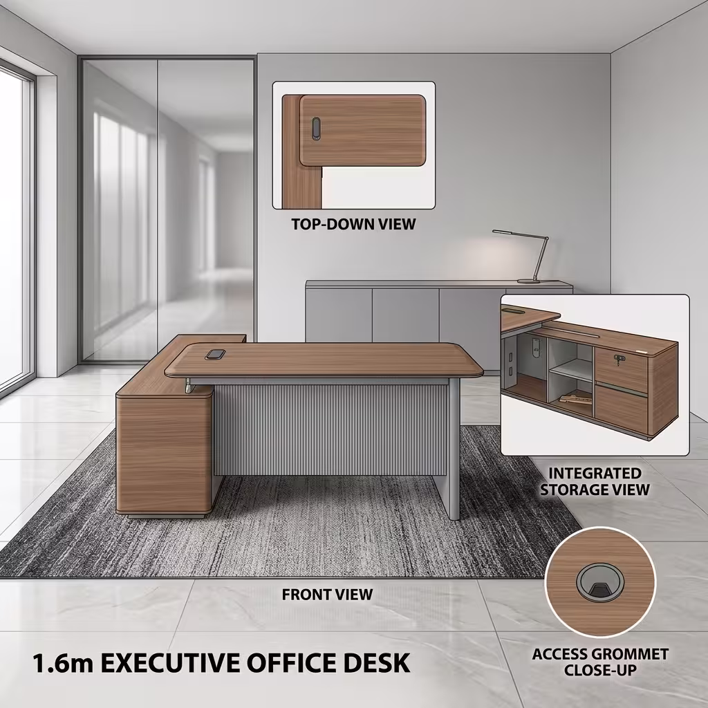 Luxury L-Shaped 1.6M Modern Manager Desk Featuring A Walnut Wood Floating Top, Gray Fluted Modesty Panel, And Integrated Side Storage Cabinet.