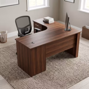 1.4m Corner Computer Desk featuring a walnut woodgrain L-shaped layout with an integrated locking three-drawer storage pedestal and silver horizontal metal handles.