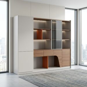Premium Large Wooden Office Bookshelf unit featuring built-in LED accent strip lighting on its shelves, a central tempered glass display cabinet door, modern matte orange vertical dividers, structural off-white side panels, and low-profile walnut woodgrain lower storage cabinets and drawers.