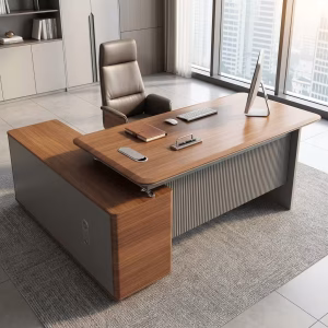 Luxury L-shaped 1.6m Modern Manager Desk featuring a walnut wood floating top, gray fluted modesty panel, and integrated side storage cabinet.