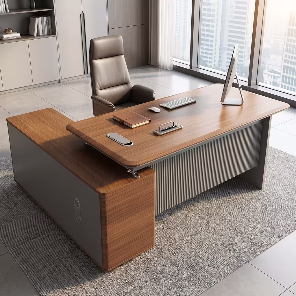 Luxury L-Shaped 1.6M Modern Manager Desk Featuring A Walnut Wood Floating Top, Gray Fluted Modesty Panel, And Integrated Side Storage Cabinet.