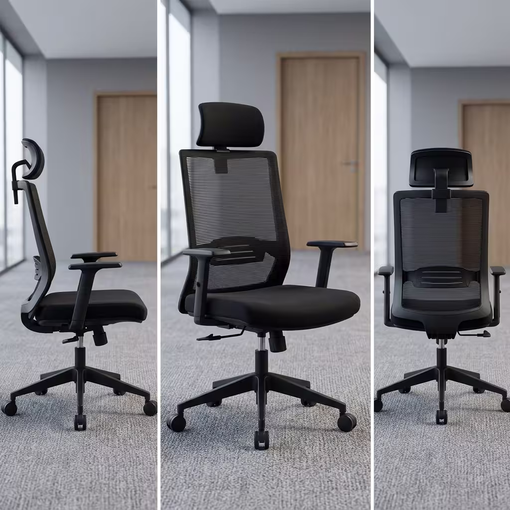 Modern Ergonomic Work Chair Shown From Side, Front, And Back Views Featuring A Black Mesh Back, Adjustable Headrest, And Five-Star Rolling Swivel Base.