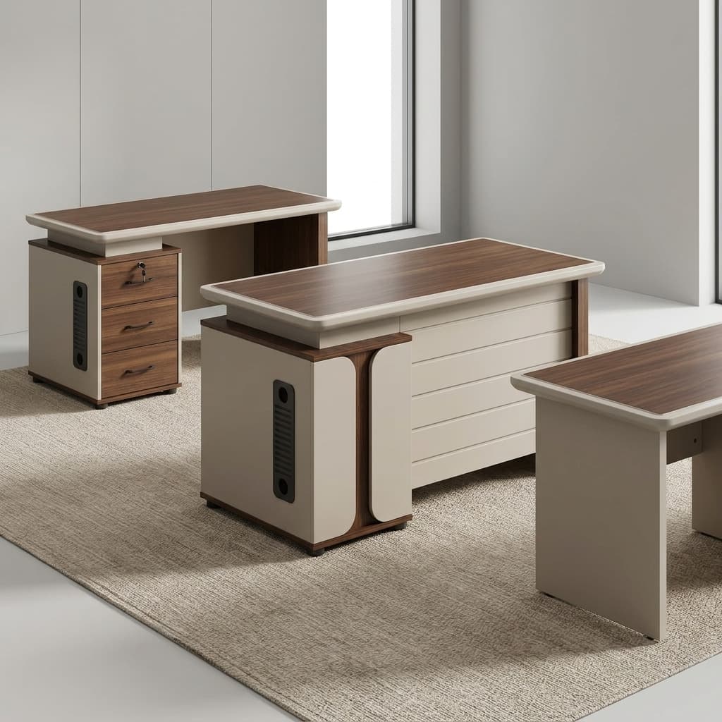 A Premium 1.2M Modern Computer Desk Built For Scalable Enterprise Deployments, Featuring A Dark Walnut Woodgrain Desktop With Rounded Cream-Colored Edge Molding, Dark Brown Side Panels, And A Lockable Three-Drawer Storage Pedestal With Black Handles.