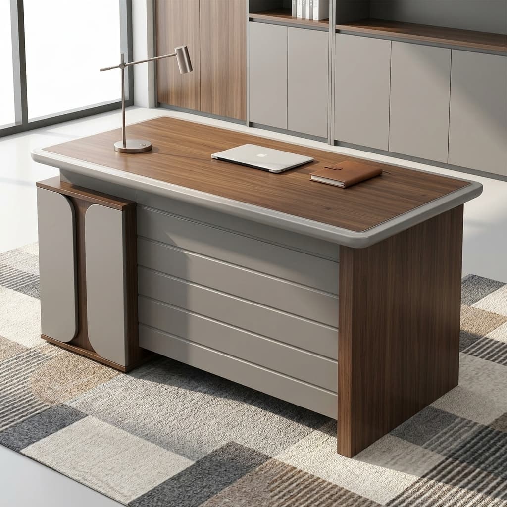 A Premium 1.2M Modern Computer Desk Built For Scalable Enterprise Deployments, Featuring A Dark Walnut Woodgrain Desktop With Rounded Cream-Colored Edge Molding, Dark Brown Side Panels, And A Lockable Three-Drawer Storage Pedestal With Black Handles.
