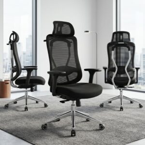 Ergonomic mesh High-Back Orthopedic Office Chair with chrome base, adjustable lumbar dial, 3D armrests, and built-in coat hanger.