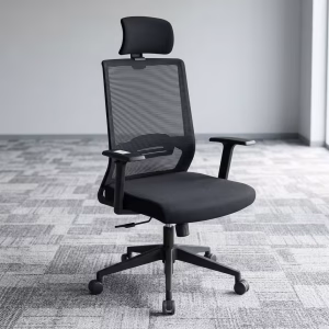 Modern Ergonomic Work Chair shown from side, front, and back views featuring a black mesh back, adjustable headrest, and five-star rolling swivel base.