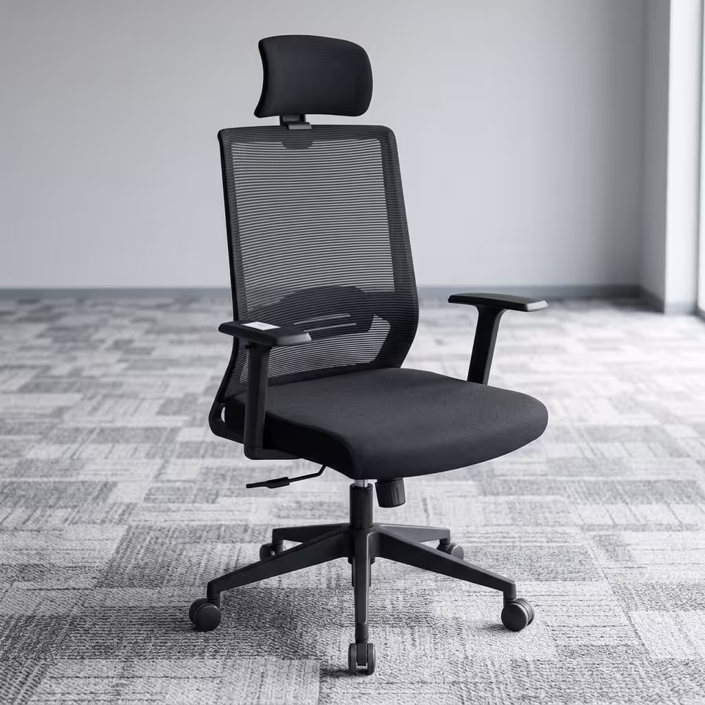 Modern Ergonomic Work Chair Shown From Side, Front, And Back Views Featuring A Black Mesh Back, Adjustable Headrest, And Five-Star Rolling Swivel Base.