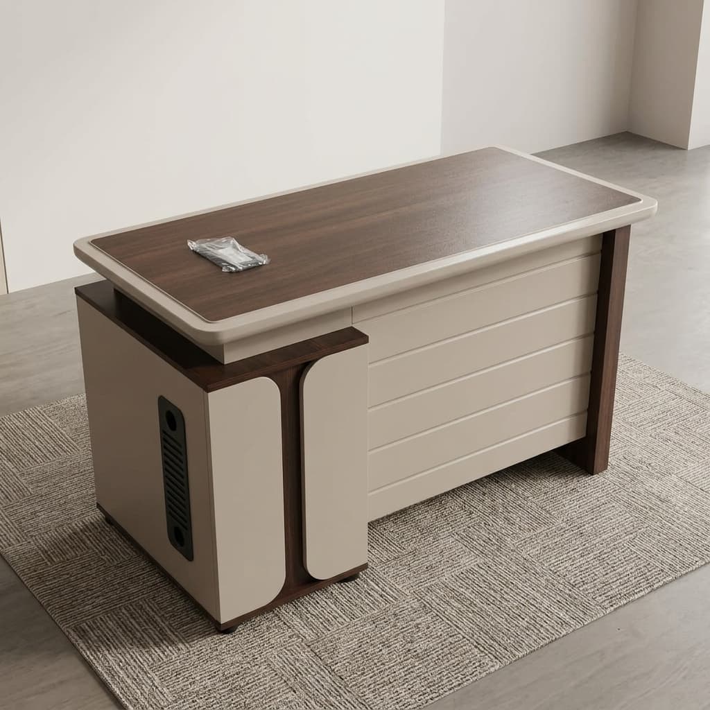 A Premium 1.2M Modern Computer Desk Built For Scalable Enterprise Deployments, Featuring A Dark Walnut Woodgrain Desktop With Rounded Cream-Colored Edge Molding, Dark Brown Side Panels, And A Lockable Three-Drawer Storage Pedestal With Black Handles.