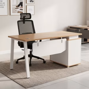 1.4m Executive Writing Desk with a light oak top, white angled metal legs, floating front privacy modesty panel, and integrated side storage cabinet.
