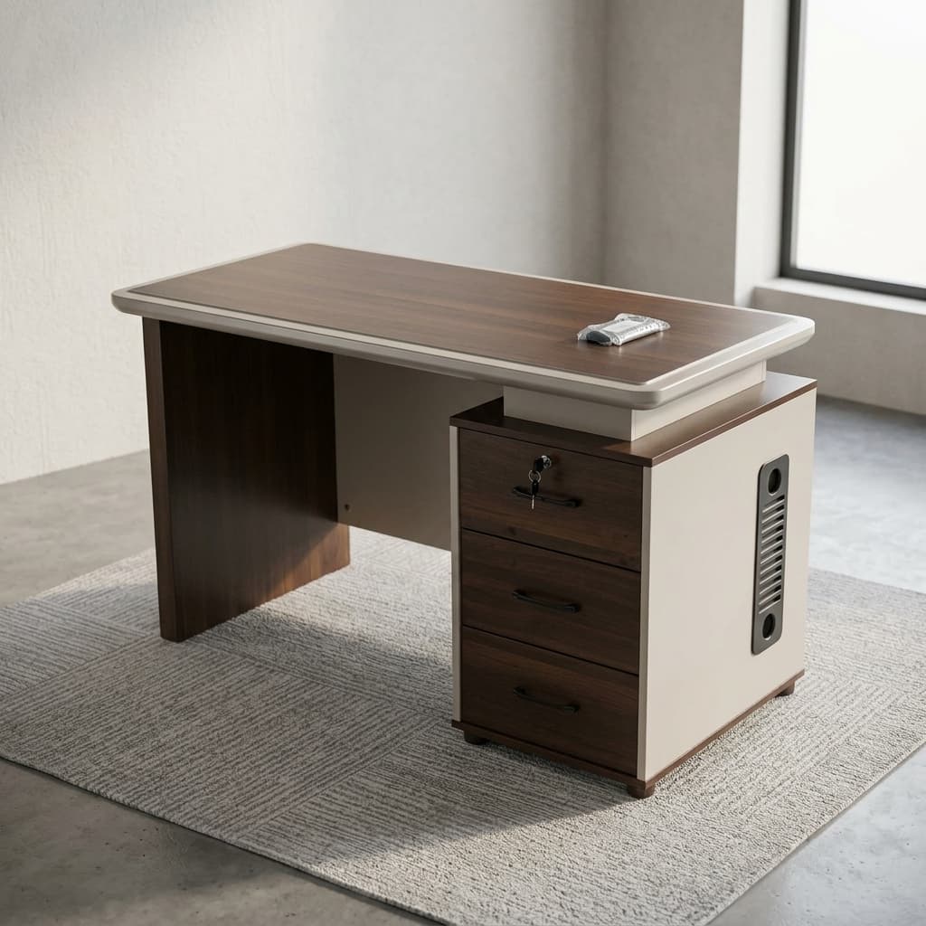 A Premium 1.2M Modern Computer Desk Built For Scalable Enterprise Deployments, Featuring A Dark Walnut Woodgrain Desktop With Rounded Cream-Colored Edge Molding, Dark Brown Side Panels, And A Lockable Three-Drawer Storage Pedestal With Black Handles.