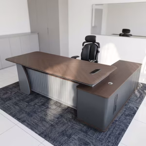 2.2m Office Workstation Desk featuring a chevron-patterned walnut woodgrain top, silver-gray fluted front modesty panel, and an integrated side return cabinet.