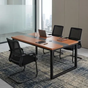 1.8M Rectangular Boardroom Table featuring a dual-tone cherry wood desktop with a central charcoal-gray cable management strip and a matte black steel frame.