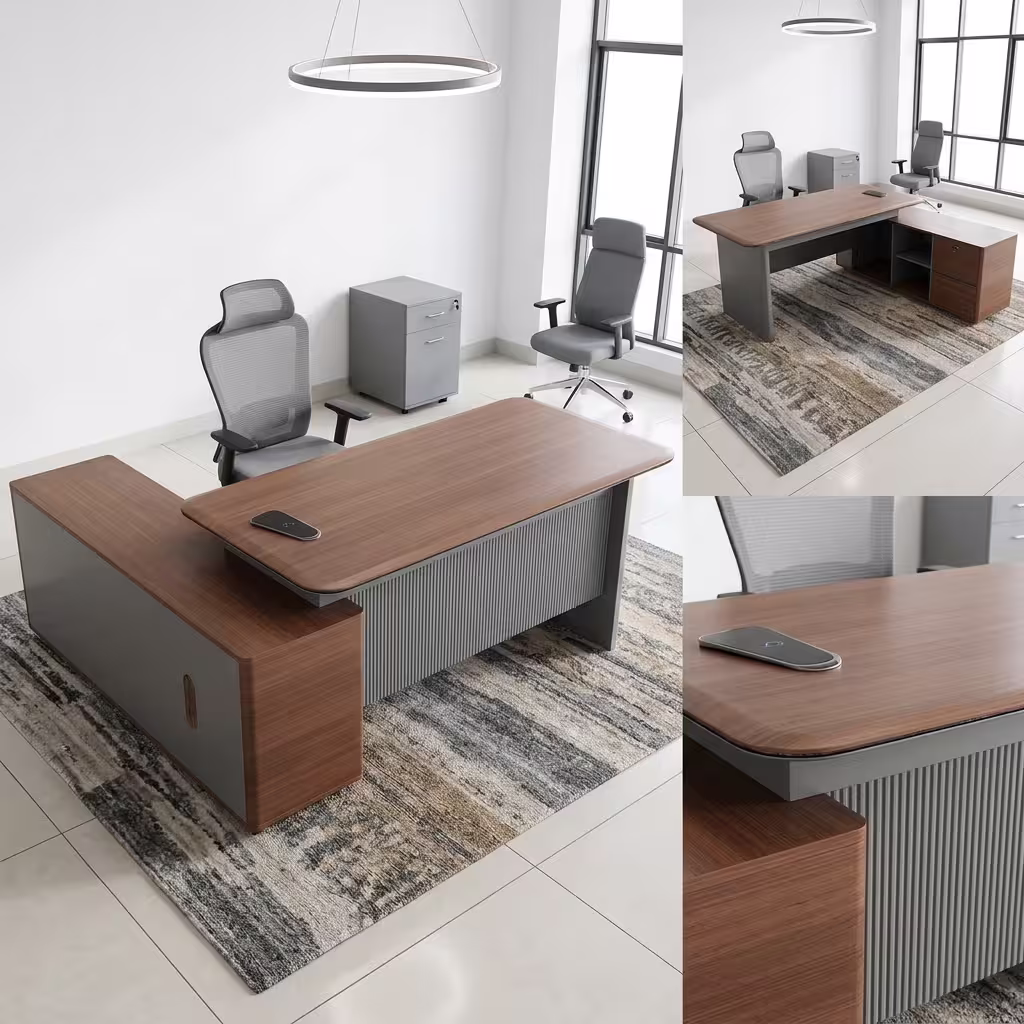 Contemporary 1.8M Office Desk Featuring An L-Shaped Layout With A Radiused Walnut Woodgrain Top, A Fluted Gray Modesty Panel, And An Integrated Side Storage Cabinet.