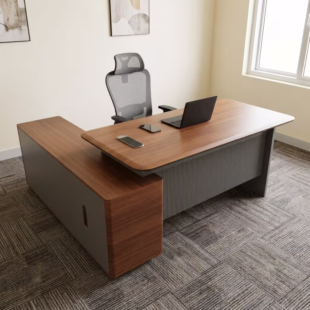 Contemporary 1.8M Office Desk Featuring An L-Shaped Layout With A Radiused Walnut Woodgrain Top, A Fluted Gray Modesty Panel, And An Integrated Side Storage Cabinet.