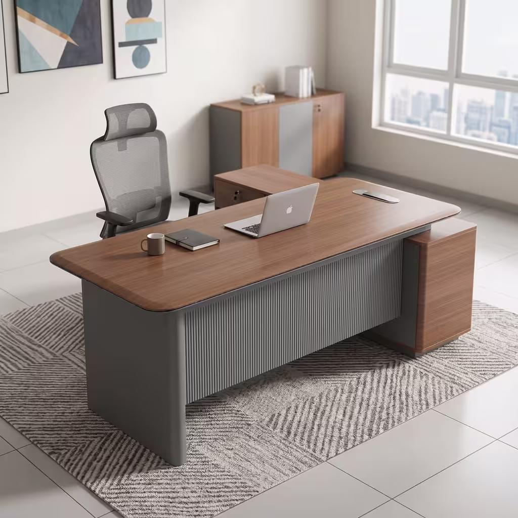 Contemporary 1.8M Office Desk Featuring An L-Shaped Layout With A Radiused Walnut Woodgrain Top, A Fluted Gray Modesty Panel, And An Integrated Side Storage Cabinet.