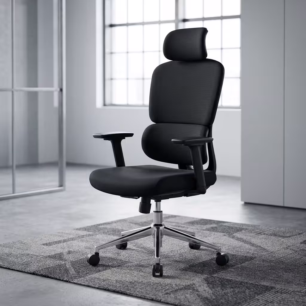 An Ergonomic Black Mesh Adjustable Height Backrest Office Chair Featuring A Polished Chrome Five-Star Wheeled Base And A Multi-Segmented Backrest Frame.