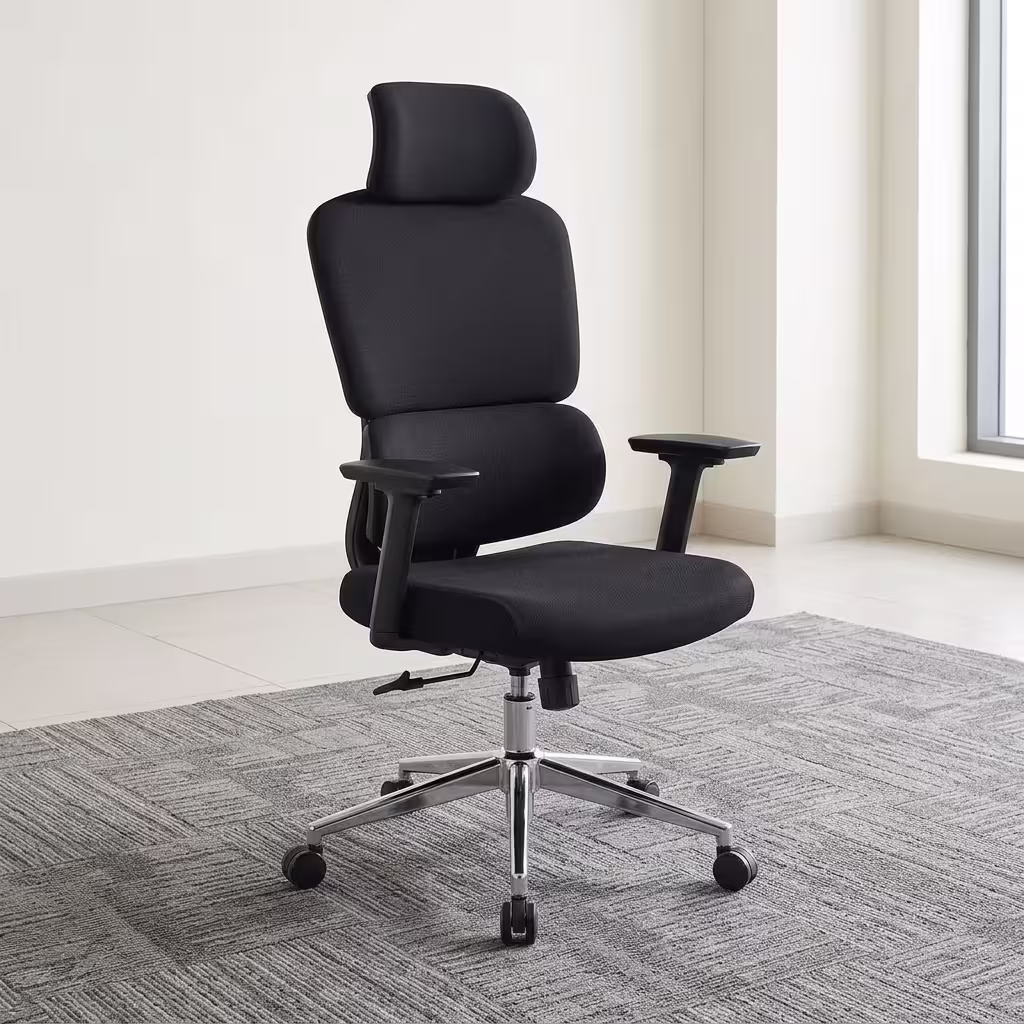 An Ergonomic Black Mesh Adjustable Height Backrest Office Chair Featuring A Polished Chrome Five-Star Wheeled Base And A Multi-Segmented Backrest Frame.