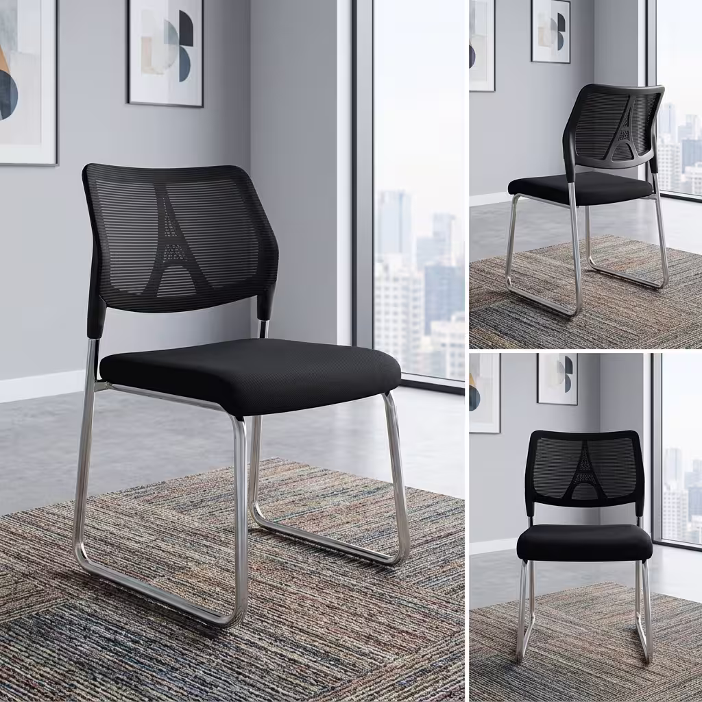 Armless Mesh Reception Chair Featuring A Black Mesh Backrest With A Geometric Eiffel Tower Structural Pattern And A Polished Chrome Continuous Cantilever Base.
