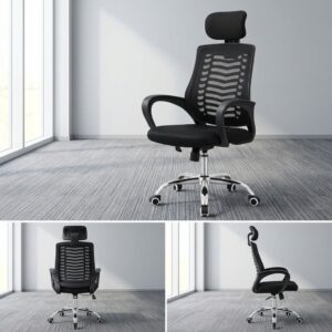Adjustable Headrest Swivel Seat office chair in black mesh showcasing a high-back ergonomic structure, skeletal lumbar tracking, and a polished chrome five-star base.