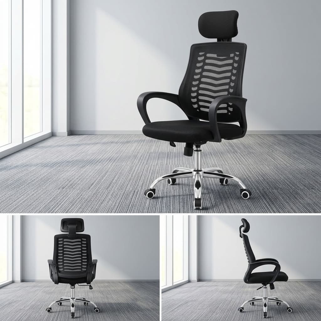 Adjustable Headrest Swivel Seat Office Chair In Black Mesh Showcasing A High-Back Ergonomic Structure, Skeletal Lumbar Tracking, And A Polished Chrome Five-Star Base.