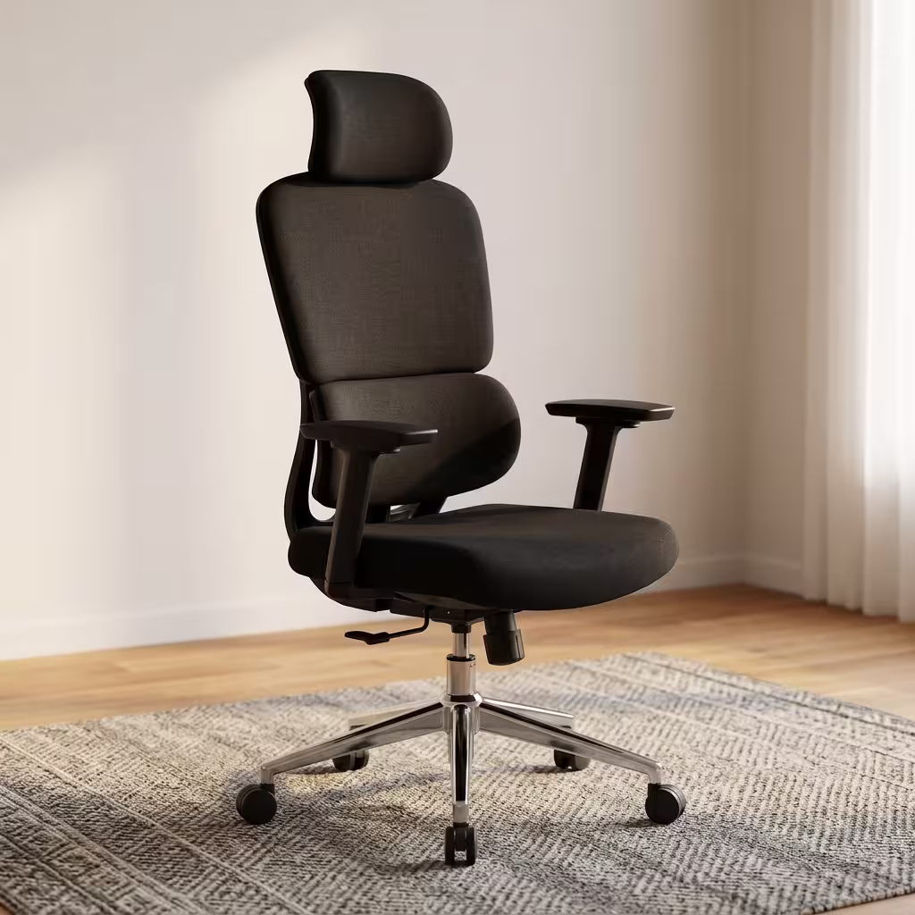 An Ergonomic Black Mesh Adjustable Height Backrest Office Chair Featuring A Polished Chrome Five-Star Wheeled Base And A Multi-Segmented Backrest Frame.