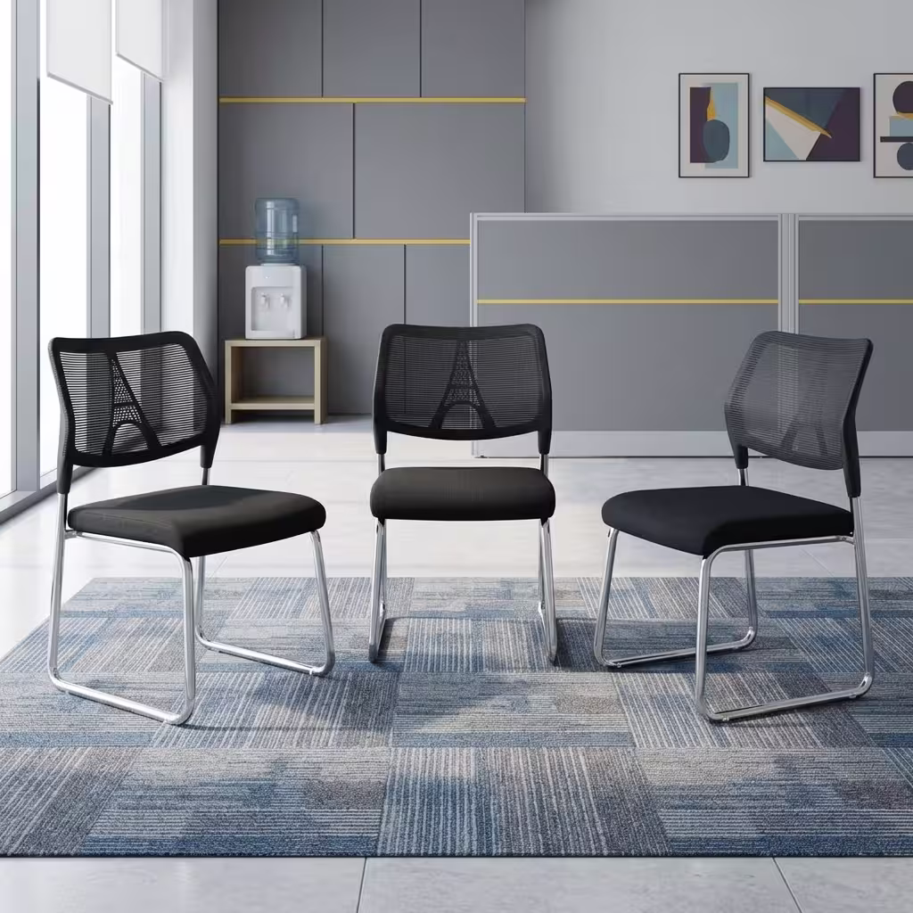 Armless Mesh Reception Chair Featuring A Black Mesh Backrest With A Geometric Eiffel Tower Structural Pattern And A Polished Chrome Continuous Cantilever Base.