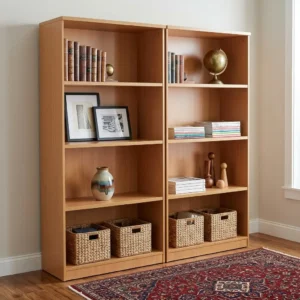 Two matching tall light oak-finish Wooden Office Display Shelves with four open horizontal tiers each, arranged side-by-side holding books and vases.