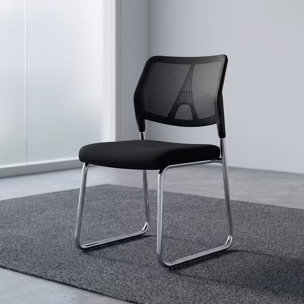 Armless Mesh Reception Chair Featuring A Black Mesh Backrest With A Geometric Eiffel Tower Structural Pattern And A Polished Chrome Continuous Cantilever Base.