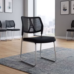 Armless Mesh Reception Chair featuring a black mesh backrest with a geometric Eiffel Tower structural pattern and a polished chrome continuous cantilever base.