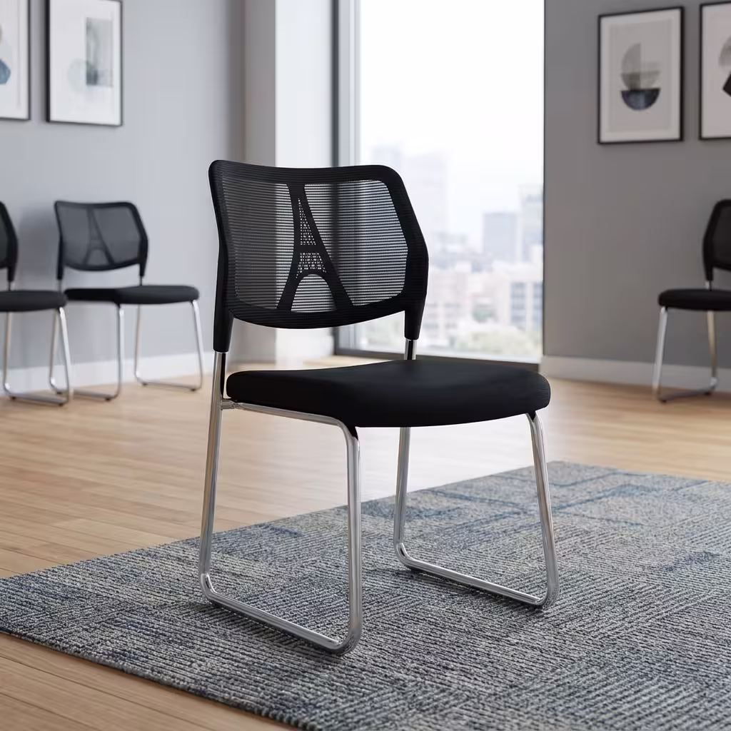 Armless Mesh Reception Chair Featuring A Black Mesh Backrest With A Geometric Eiffel Tower Structural Pattern And A Polished Chrome Continuous Cantilever Base.