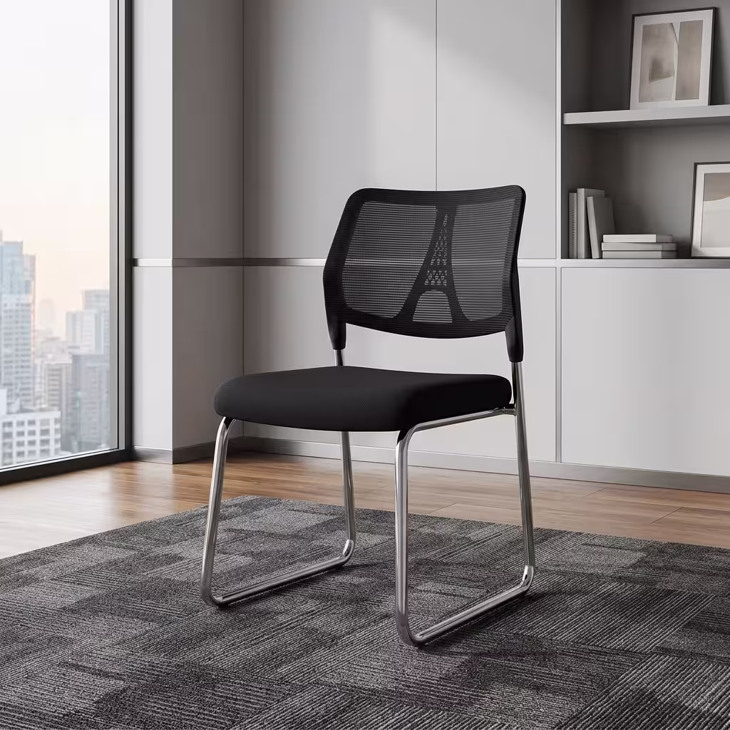Armless Mesh Reception Chair Featuring A Black Mesh Backrest With A Geometric Eiffel Tower Structural Pattern And A Polished Chrome Continuous Cantilever Base.