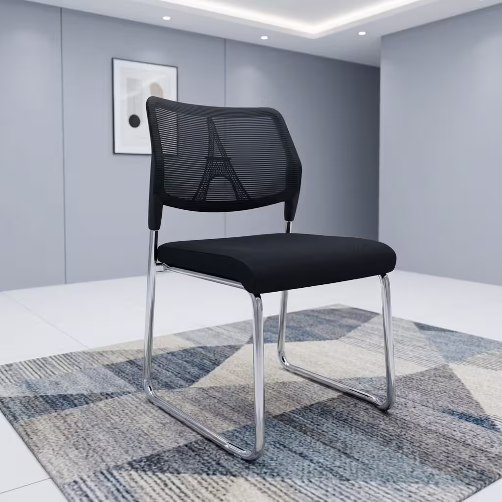 Armless Mesh Reception Chair Featuring A Black Mesh Backrest With A Geometric Eiffel Tower Structural Pattern And A Polished Chrome Continuous Cantilever Base.