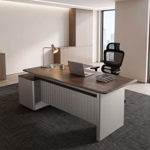 Luxury L-shaped 1.8m Desk With Credenza featuring a dark walnut floating top, light gray fluted modesty panel, and integrated cable management.