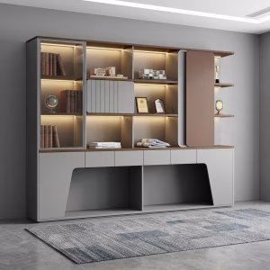 Luxury Large Office Storage Bookshelf with integrated LED lighting, matte gray cabinets, a sliding wood panel, and glass door showcase.