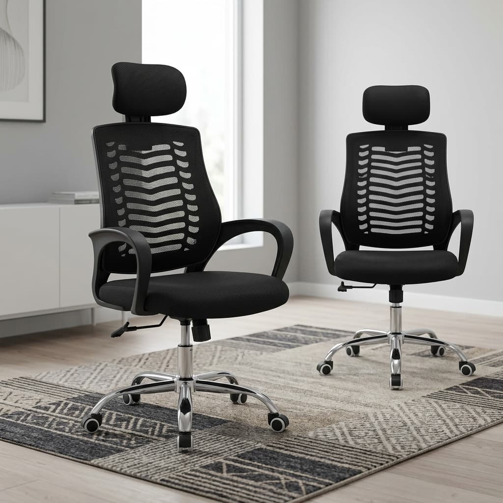 Adjustable Headrest Swivel Seat Office Chair In Black Mesh Showcasing A High-Back Ergonomic Structure, Skeletal Lumbar Tracking, And A Polished Chrome Five-Star Base.