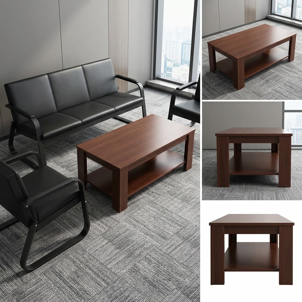 A Rectangular Modern Walnut Office Coffee Table Featuring Solid Post Legs And A Built-In Lower Storage Shelf.
