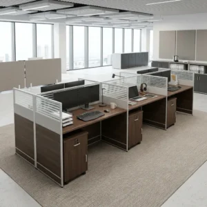 A modular Walnut 6-Way Desk System configuration featuring wood-grain desks, integrated slatted privacy dividers