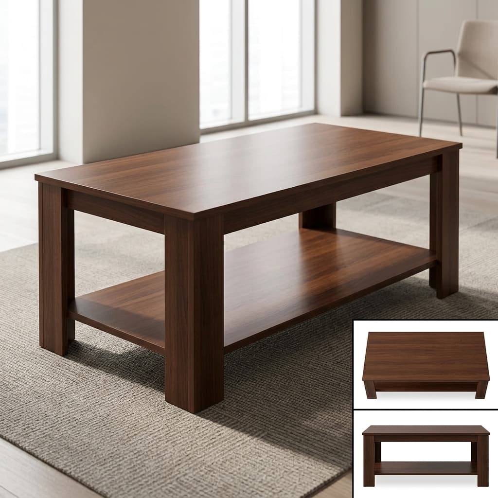 A Rectangular Modern Walnut Office Coffee Table Featuring Solid Post Legs And A Built-In Lower Storage Shelf.