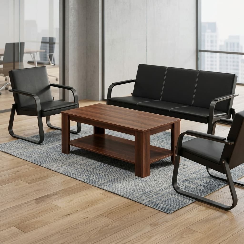 A Rectangular Modern Walnut Office Coffee Table Featuring Solid Post Legs And A Built-In Lower Storage Shelf.