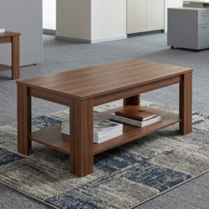 A rectangular Modern Walnut Office Coffee Table featuring solid post legs and a built-in lower storage shelf.
