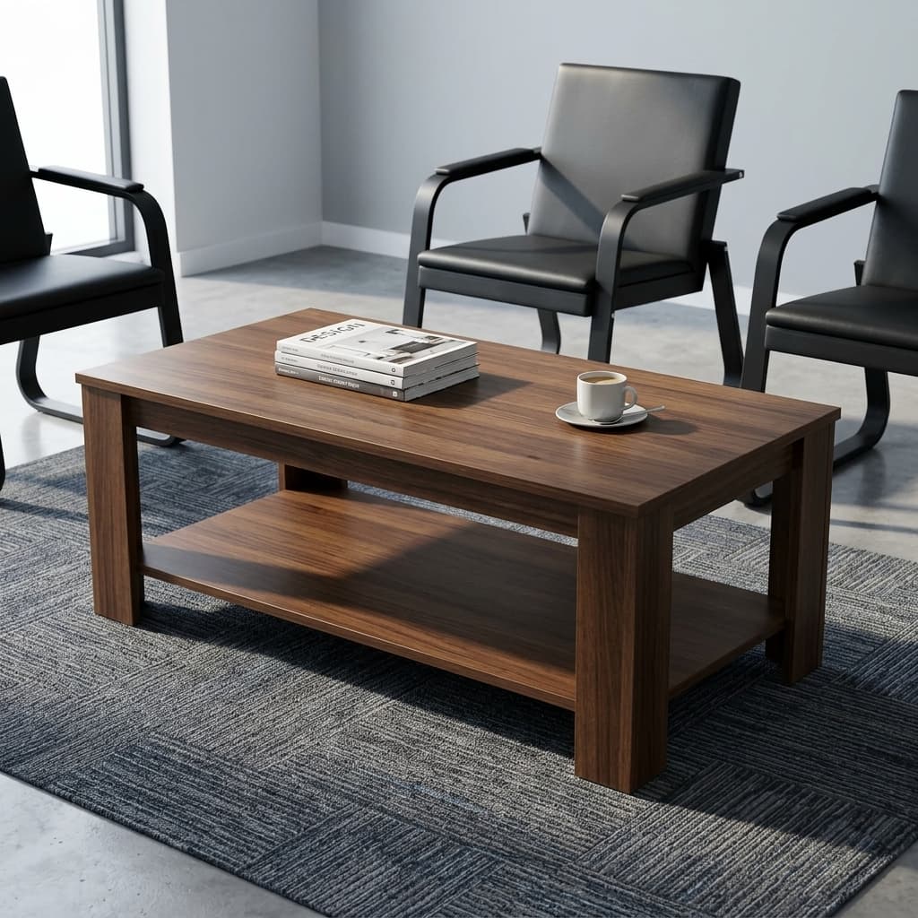 A Rectangular Modern Walnut Office Coffee Table Featuring Solid Post Legs And A Built-In Lower Storage Shelf.