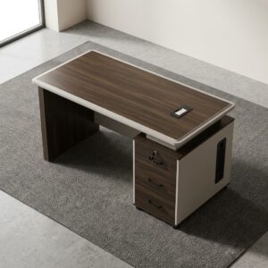An L-shaped 1.4m Executive Manager Desk featuring a dark walnut inset desktop and a cream-colored horizontally paneled modesty facade.
