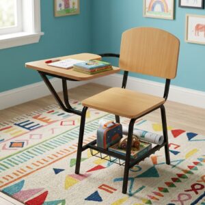 Wooden School Study Chair showcasing a light natural wood grain seat, backrest, and attached right-hand writing tablet pad supported by a black metal frame with an under-seat rack.