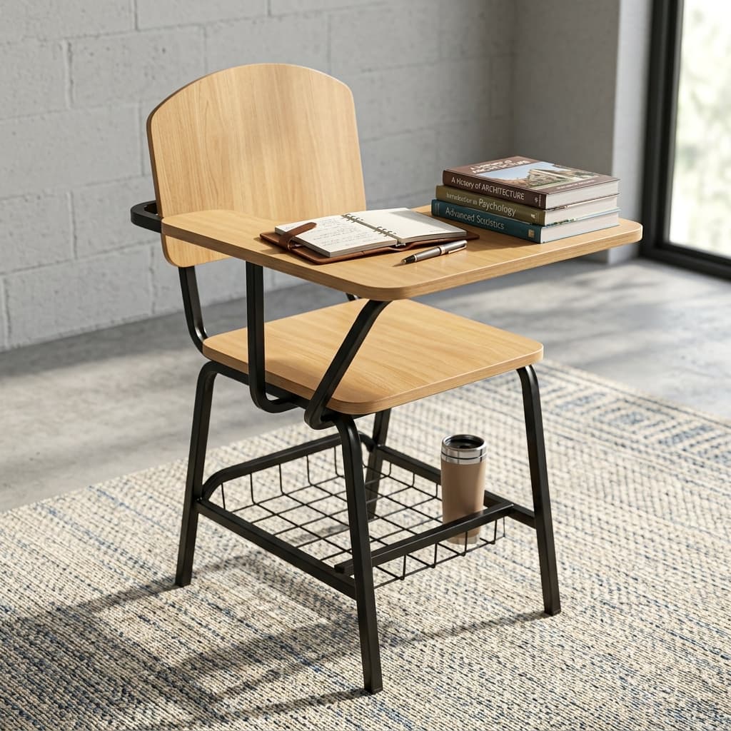 Wooden School Study Chair Showcasing A Light Natural Wood Grain Seat, Backrest, And Attached Right-Hand Writing Tablet Pad Supported By A Black Metal Frame With An Under-Seat Rack.