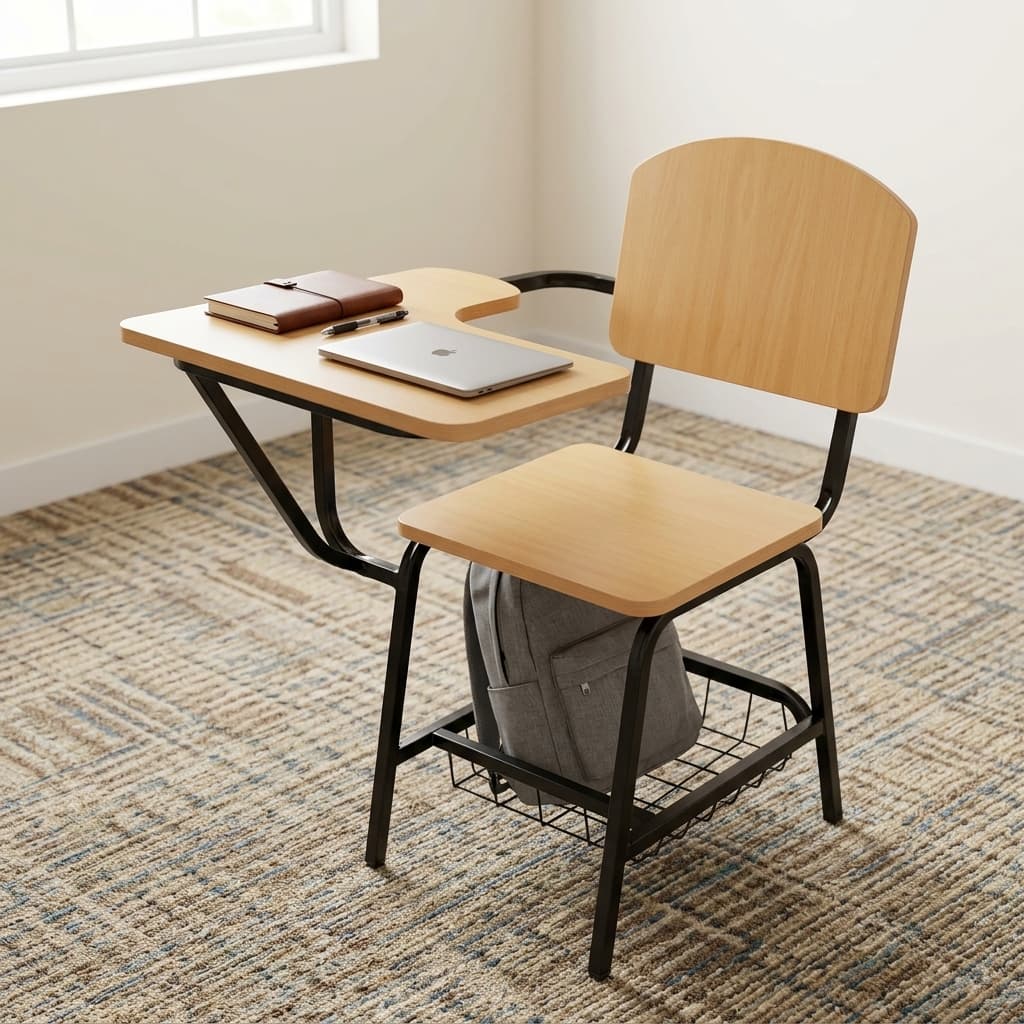 Wooden School Study Chair Showcasing A Light Natural Wood Grain Seat, Backrest, And Attached Right-Hand Writing Tablet Pad Supported By A Black Metal Frame With An Under-Seat Rack.