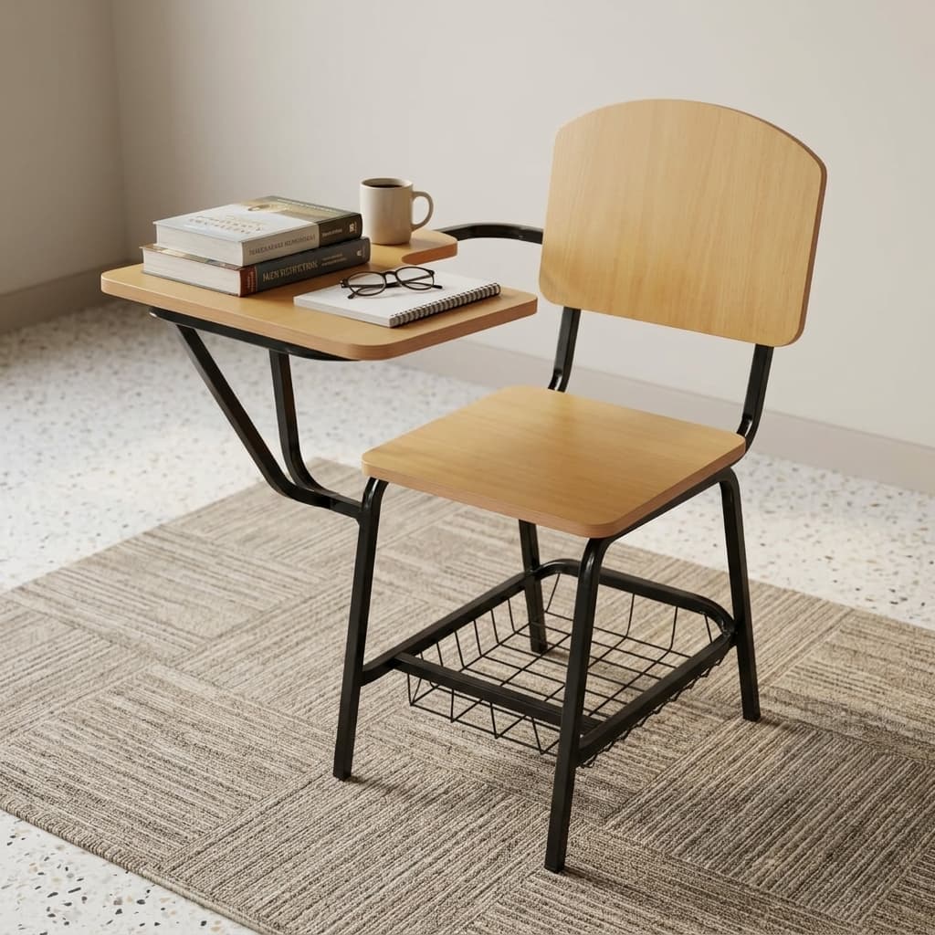 Wooden School Study Chair Showcasing A Light Natural Wood Grain Seat, Backrest, And Attached Right-Hand Writing Tablet Pad Supported By A Black Metal Frame With An Under-Seat Rack.