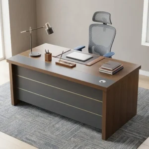 Walnut-finished Modern 1.6m Executive Office Desk featuring a gray modesty panel with horizontal gold lines, top, and three lockable side drawers.