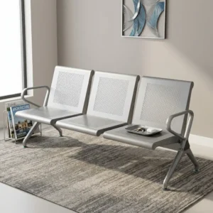 Heavy Duty Public Reception Seating featuring a heavy-duty steel frame, perforated metal seats and backrests, integrated metal armrests, reinforced support legs, and a durable metallic finish for commercial waiting areas.