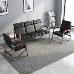 5-Seater Executive Reception Sofa Set with one black upholstered three-seater sofa, two matching single armchairs, square-tufted backrests, silver metal frames, and wood-finish armrest pads.